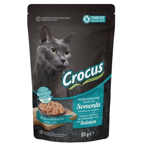 Crocus Tahılsız Kısırlaştırılmış Kedi Somonlupouch Jöleli Yaş Mama 85 G